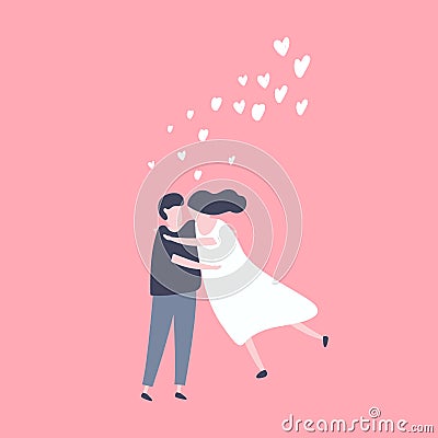 Lovely young joyful couple hug on pink background, Couple in love concept. Vector Illustration