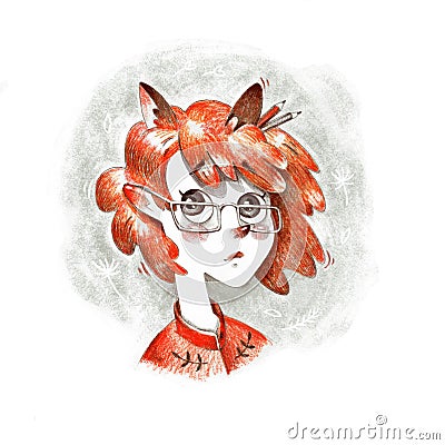 Lovely young red head girl in glasses with foxy ears artistic pencil illustration drawing Cartoon Illustration