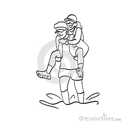 lover couple runner with piggyback in marathon illustration vector hand drawn isolated on white background Vector Illustration