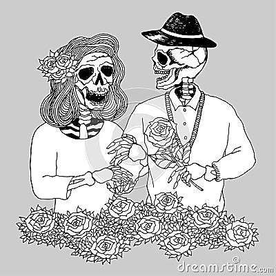 Lover couple sugar skull day of the dead, vector hand drawn Vector Illustration