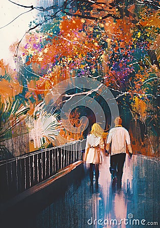 Lover couple walking in autumn park Cartoon Illustration