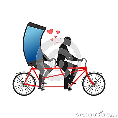 Lover of gadgets. Man and smartphone on bicycle. Riding on tandem. Always together device. I love my phone. Vector Illustration