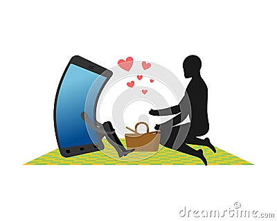 Lover of gadgets. Man and smartphone On picnic. Basket and picnic blanket. Always together device. I love my phone. Vector Illustration