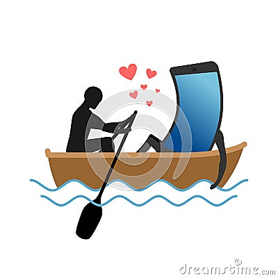 Lover of gadgets. Man and smartphone Ride in boat. Always together device. I love my phone. Vector Illustration