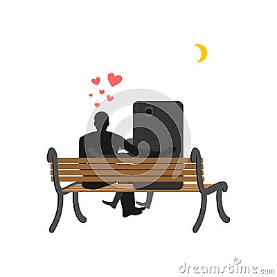 Lover of gadgets. Man and smartphone Sitting on bench. Always to Vector Illustration