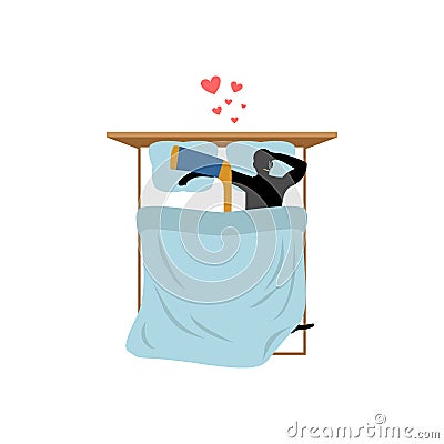 Lover hockey. Guy and hockey stick in bed. Lovers in Bedroom. Romantic date. Love sport play game Vector Illustration