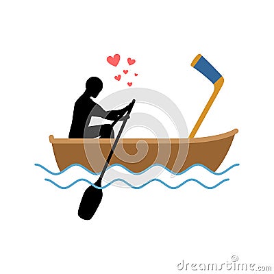 Lover hockey. Guy and hockey stick ride in boat. Lovers of sailing. Romantic date. Love sport play game Vector Illustration
