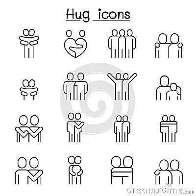 Lover, hug, friendship, relationship icon set in thin line style Vector Illustration