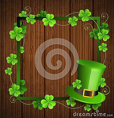 Ð¡lover leaves and green hat on a wooden background. Vector Illustration
