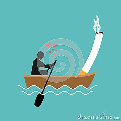 Lover smoke. Man and cigarette boating. Smoker walk along lake. Vector Illustration