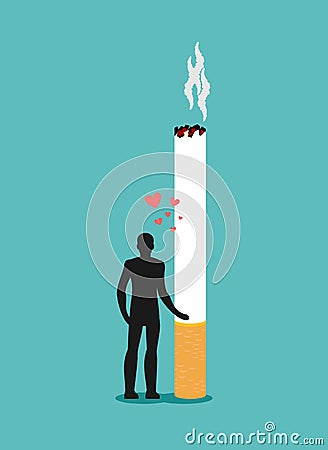 Lover smoke. Man hugging cigarette. Dependence on nicotine. Man Vector Illustration