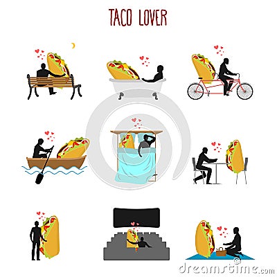 Lover taco set. Love to Mexican food collection. Man and fastfoo Vector Illustration