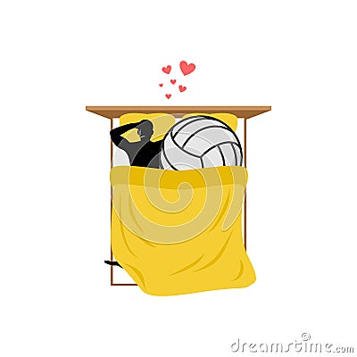 Lover volleyball. Guy and ball in bed. Lovers in Bedroom. Romantic date. Love sport play game Vector Illustration