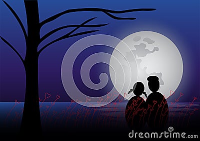 Lover watching full moon beside the lake Vector Illustration