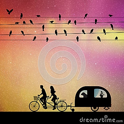 Lovers on bike tandem under birds on wires at night Vector Illustration