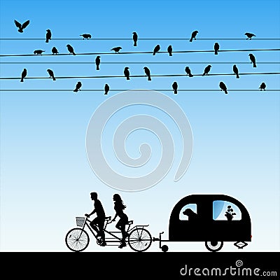 Lovers on bike tandem under birds on wires Vector Illustration