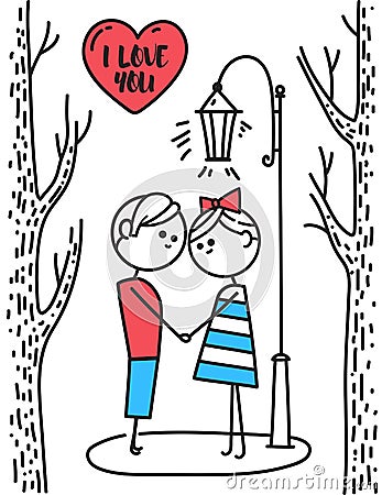 Lovers boy and girl stand in park under lantern Vector Illustration