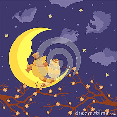 Lovers cats sitting on the moon and dreaming Vector Illustration