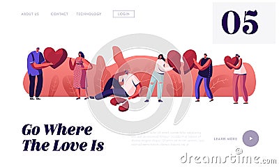 Lovers in End of Loving Relations Website Landing Page. Young Man and Woman Pull Apart Broken Heart Parts Vector Illustration