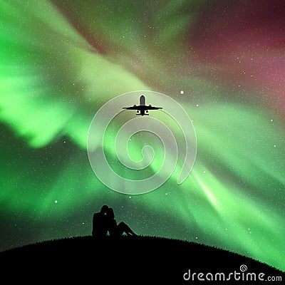 Lovers and flying aircraft in park at night Vector Illustration