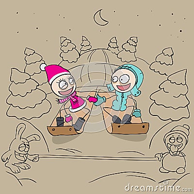 Lovers girl and boy on a sled Vector Illustration