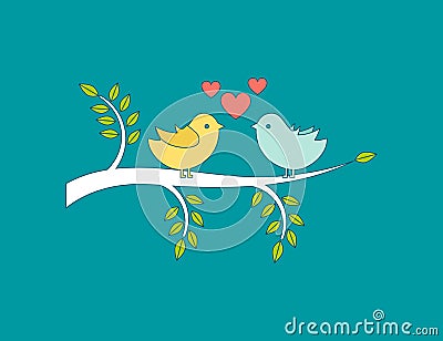 Lovers and happy birds on tree with hearts Vector Illustration