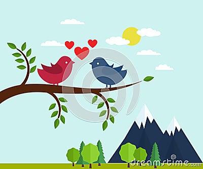 Lovers and happy birds on tree with hearts Vector Illustration