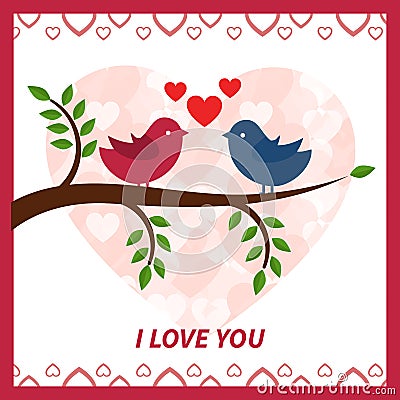 Lovers and happy birds on tree with hearts Vector Illustration