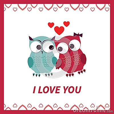 Lovers and happy owls with hearts Vector Illustration