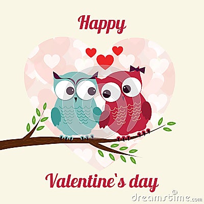 Lovers and happy owls on tree with hearts Vector Illustration