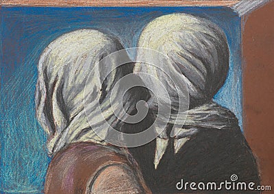 Lovers kiss, pastel drawing reproduction Stock Photo