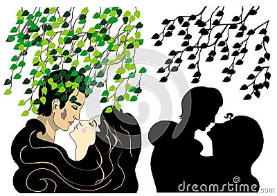 Lovers kissing under tree Vector Illustration