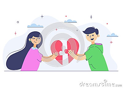 Lovers man and woman stack their heart like a puzzle. Isolated on white background. Vector Illustration