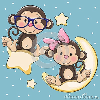 Lovers Monkeys on a moon and star Vector Illustration