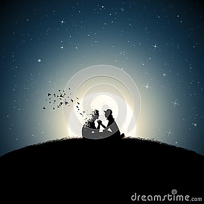 Lovers on moonlight night Vector Illustration