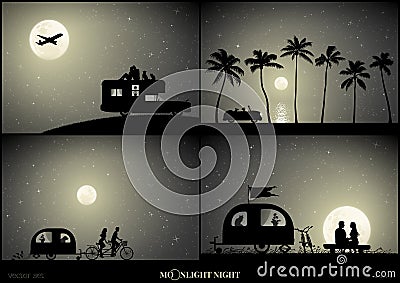 Set of vector illustration with silhouettes of people in camper on moonlit night Vector Illustration