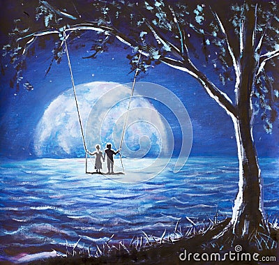Lovers ride on swing, male man and girl woman against background of big moon. night blue ocean, sea waves, fantasy, romance, love, Stock Photo