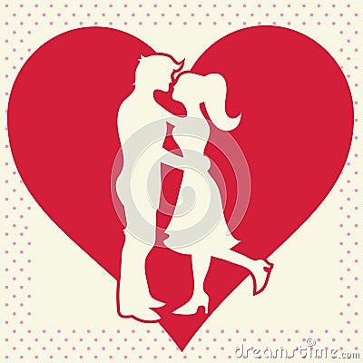 Lovers silhouette on heart background postcard Vector Illustration