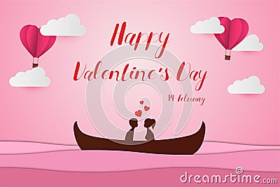 Lovers sit on a boat in the middle of the sea and have a Heart Balloon , paper art couple honeymoon , valentine day date , vector Vector Illustration