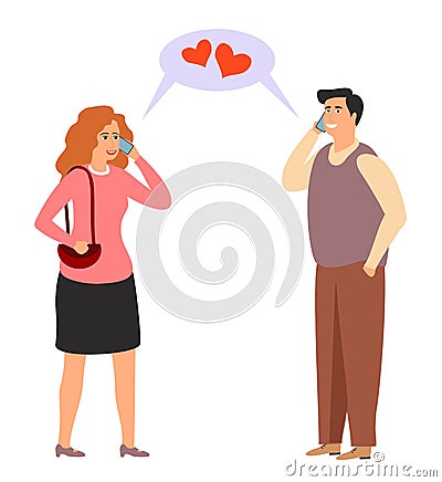 Lovers are talking on the phone. Online dating vector illustration. Distance love. Modern relationships Vector Illustration