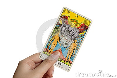 The Lovers Tarot card on white background. Stock Photo
