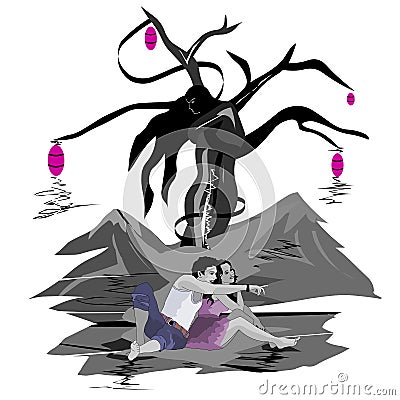 Lovers tree, happy lovers relax by the tree Vector Illustration