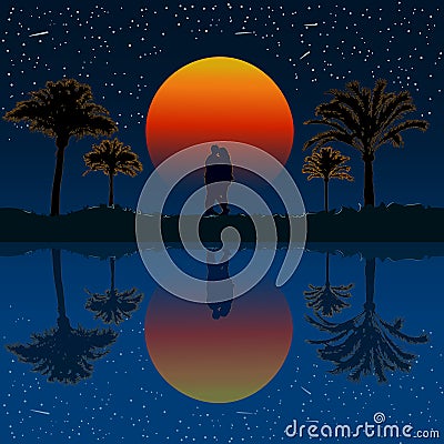 Lovers under palm trees. Silhouette of kissing couple on the beach under the palm tree on sunset background. Vector Illustration