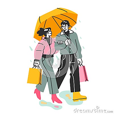 Lovers under the rain. Cute couple walking outdoor under umbrella Vector Illustration