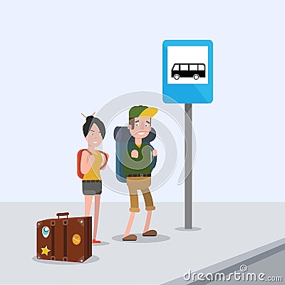 Lovers are waiting for the bus at the stop and go to the Journey . Flat Stock Photo