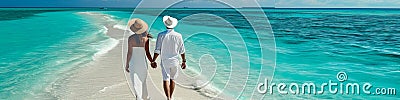 Lovers walk along the beach in the Maldives. Selective focus. Stock Photo