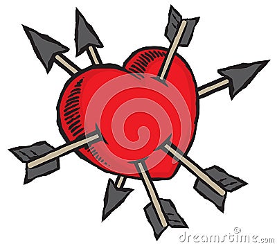 Lovestruck Valentine`s heart shot through with Cupid`s arrows. Vector Illustration