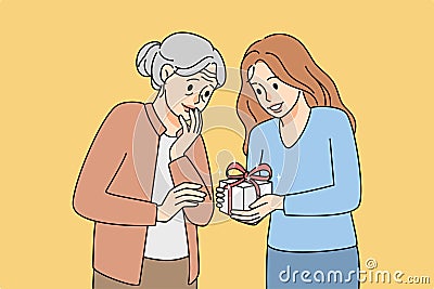 Caring young woman greeting elderly grandmother Vector Illustration