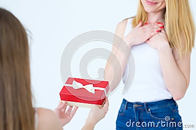 Loving family present gift box mom deeply moved Stock Photo