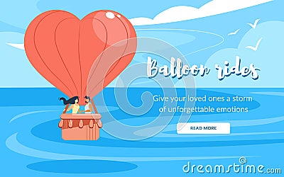 Loving Couple in Basket, Rides Air Balloon Flying Vector Illustration